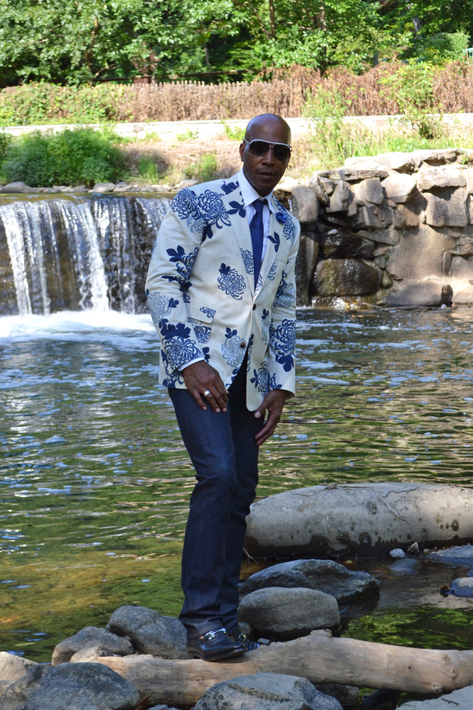 Billy Reid floral blazer by the water