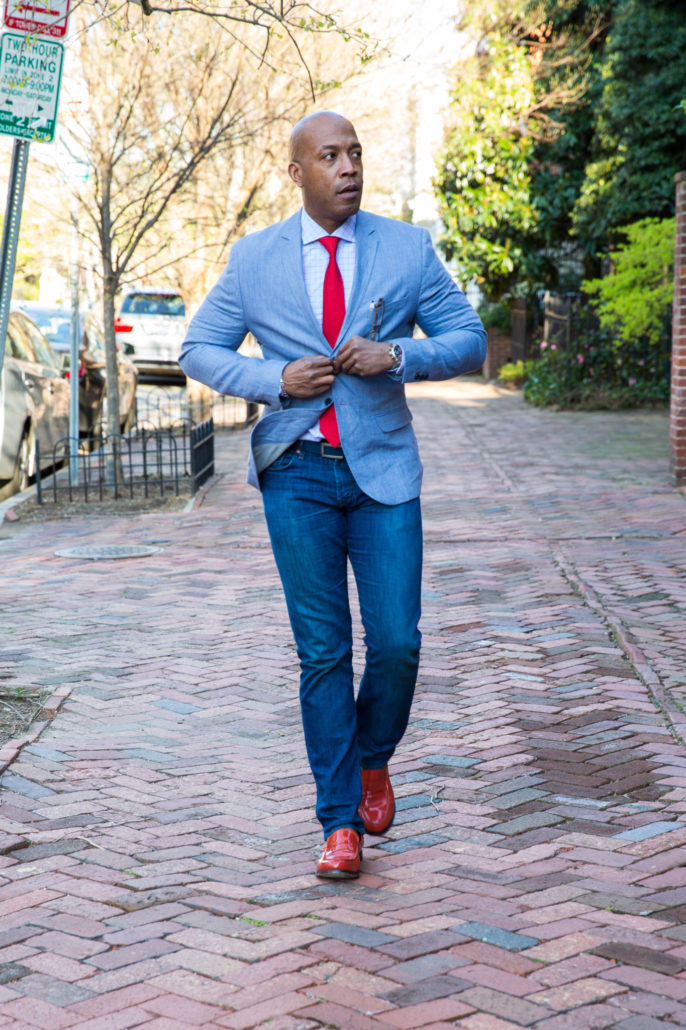 red accoessories button up and walk